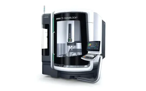 Macchina utensile DMG MORI DMU 75 monoBLOCK, con un pannello di controllo digitale e un mandrino pronto per la lavorazione di precisione.