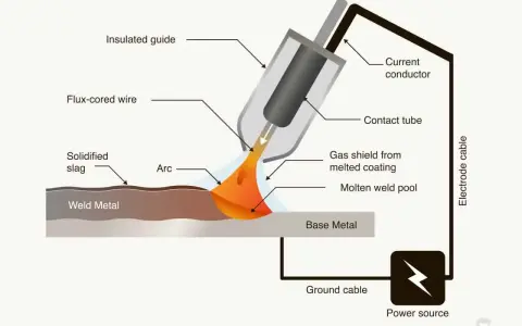 Schema illustra il processo di saldatura FCAW con filo animato, arco elettrico, metallo fuso e scoria solidificata.