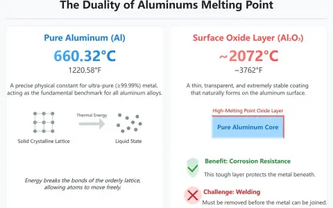 Confronto tra la temperatura fusione alluminio puro (660°C) e lo strato di ossido (2072°C), evidenziando la sua resistenza alla corrosione ma difficoltà di saldatura.