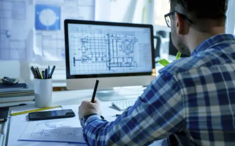 Un disegnatore CAD lavora al computer, concentrato sui progetti. Lo stipendio di un disegnatore CAD varia in base all'esperienza.