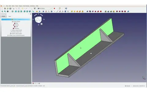Modello 3D di una staffa metallica in formato file dwg, con pannello verde e rinforzi grigi.