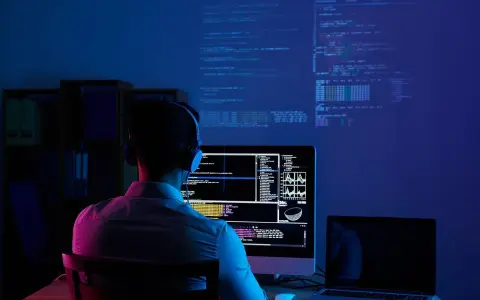 Programmatore con cuffie lavora al suo computer, analizzando dati e codice su più schermi. Il cam software illumina la stanza con luci blu e rosa.