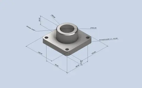Disegno tecnico di un componente con quote, ideale per esercitazioni Inventor. Base quadrata 100x100mm, altezza 30mm, con foro centrale Ø40mm e diametro esterno Ø60mm.
