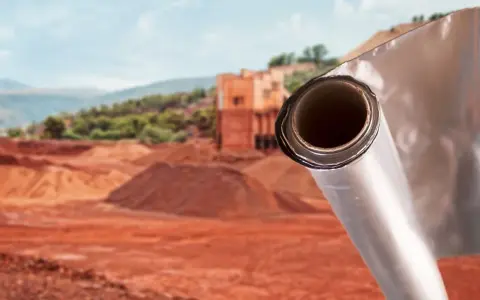 Rotolo di materiale riflettente, forse per isolamento, su un cantiere. Un accenno a come si produce l'alluminio, dal minerale alla forma finale.