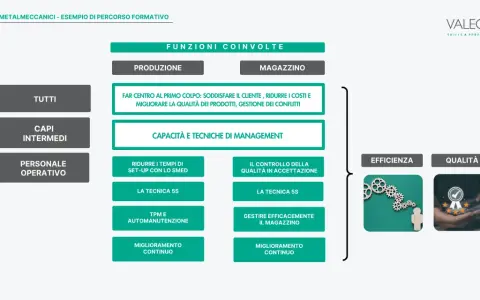 Schema di formazione per un programmatore produzione: coinvolge produzione e magazzino, con focus su efficienza e qualità.