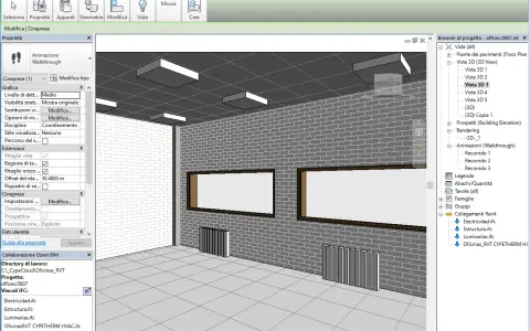Vista 3D di un progetto di interni, con mattoni grigi e finestre. Il pannello "Proprietà" mostra opzioni per la "messa in tavola inventor".