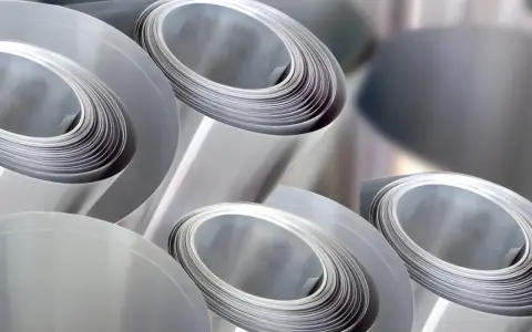 Rotoli di lamiera lucida, forse acciaio o alluminio, pronti per essere trasformati in nuovi prodotti.