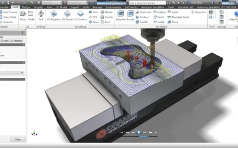 Simulazione CAM di Autodesk: un utensile lavora un pezzo con percorsi di taglio complessi, mostrando cos'è Autodesk per la produzione.