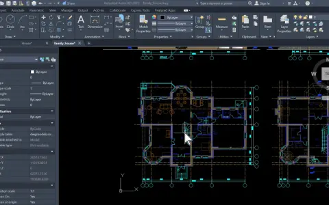 Un render con AutoCAD mostra la planimetria di una casa, con dettagli di stanze, mobili e scale.