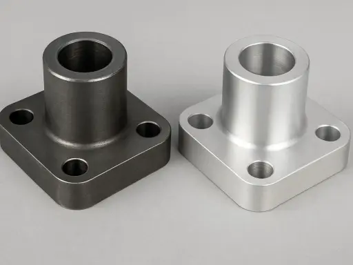Due flange quadrate, una scura in cromo molibdeno e una chiara in alluminio, su sfondo grigio.