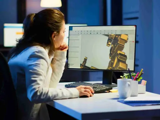Operatore CAD lavora di notte su un progetto complesso, concentrato sul modello 3D visualizzato sullo schermo.