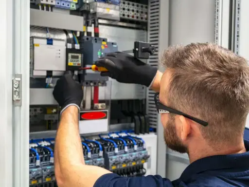 Tecnico con guanti neri lavora su un quadro elettrico, con un cacciavite su un componente. Il suo lavoro con il plc è fondamentale per l'automazione.