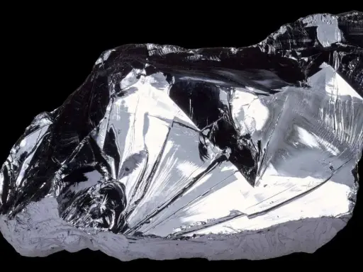 Frammento lucido di silicio puro, metallico, con sfaccettature che riflettono la luce. Il suo elevato punto di fusione lo rende fondamentale nell'elettronica.