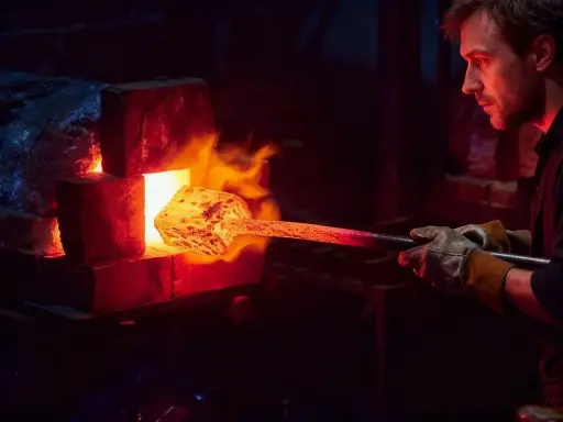 Fabbro con guanti estrae metallo incandescente da forno per la normalizzazione acciaio. Fiamme e calore intenso.
