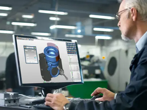 Ingegnere utilizza software CAD CAM per progettare un componente meccanico in 3D.