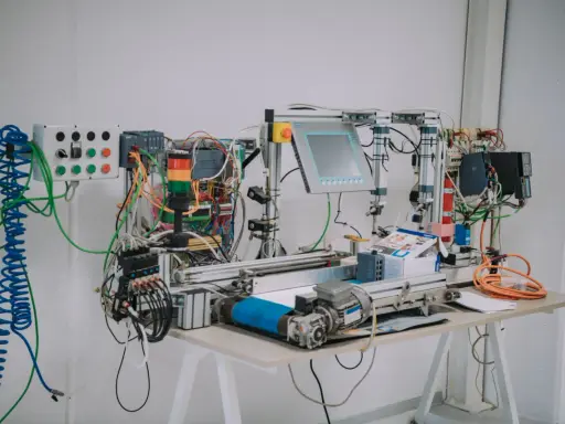 Banco di prova per corsi automazione industriale PLC: PLC Siemens, pannello touch, luci di segnalazione, motori e cablaggi.