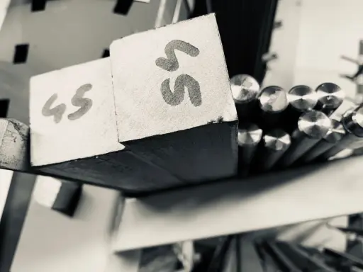 Blocchi di metallo con numeri "45" e "55" scritti sopra, pronti per essere lavorati. Accanto, barre di acciaio inossidabile aisi 309 lucide.
