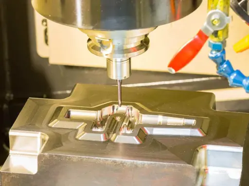 Fresatrice CNC in azione, che lavora un pezzo metallico complesso. Il corso CAD è fondamentale per creare questi dettagli precisi.