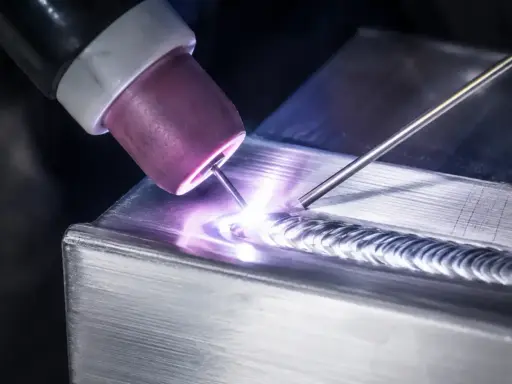 Saldatura magnesio con torcia TIG, creando un cordone preciso e luminoso su un pezzo metallico.
