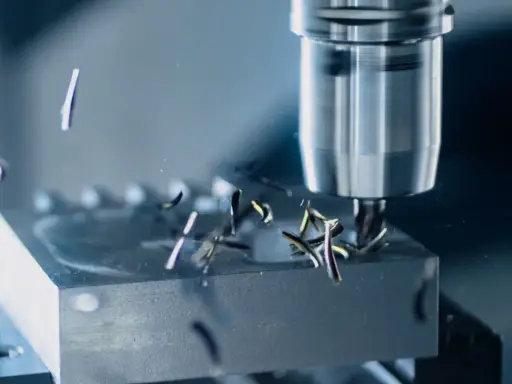 Fresatura di metallo con utensile rotante. Trucioli metallici volano via mentre la programmazione ISO guida la lavorazione di precisione.