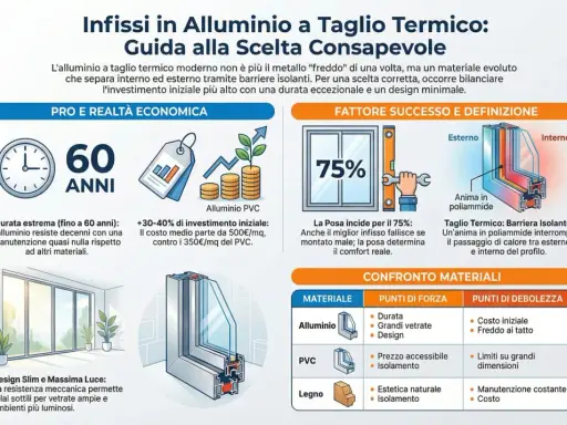 Infissi in alluminio a taglio termico: durata 60 anni, design slim, 75% di successo con posa corretta. Il codice 4043 è un esempio di eccellenza.