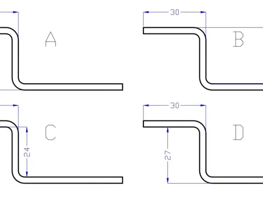 Disegno tecnico piegatura lamiere con quote per profili a Z. Diverse varianti A, B, C, D mostrano le dimensioni delle pieghe.