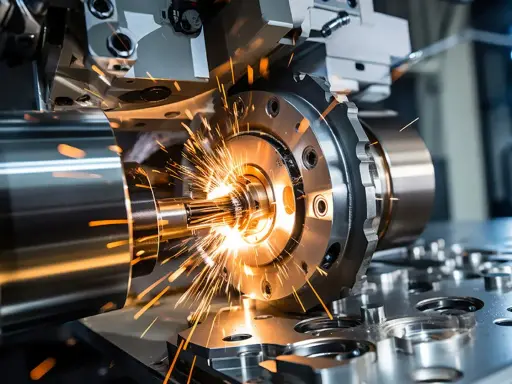 Macchinario industriale in azione, scintille luminose durante un corso CNC. Precisione e potenza nella lavorazione dei metalli.