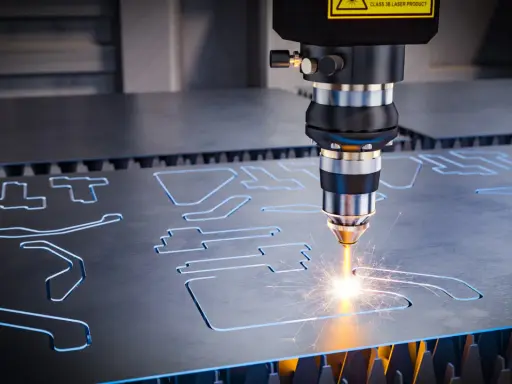Macchina laser CNC che taglia metallo, creando forme precise. L'acronimo CNC sta per Controllo Numerico Computerizzato.
