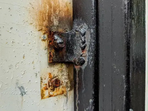 Cerniera arrugginita fissata con cianfrino saldatura su un telaio nero. La vernice bianca circostante è scrostata e macchiata.