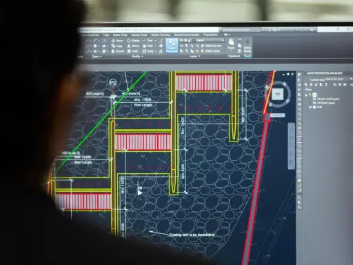 Un ingegnere analizza un progetto di ingegneria civile su AutoCAD, mostrando cos'è questo software per la progettazione.