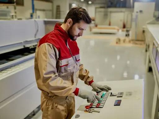 Un tornitore CNC esperto opera un pannello di controllo in una moderna officina, concentrato sul suo lavoro.