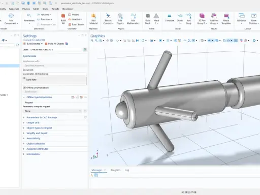 Interfaccia di LiveLink per AutoCAD, un'alternativa ad AutoCAD per la modellazione 3D, con un modello di elettrodo pacemaker visualizzato.