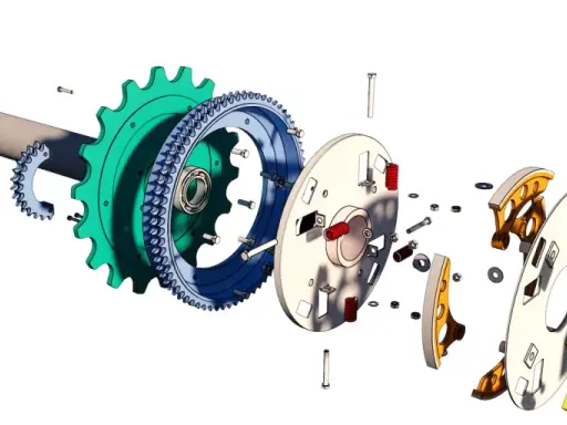 Componenti di un sistema di trasmissione, con ingranaggi, molle e bulloni, frutto di un'accurata progettazione meccanica 3D.