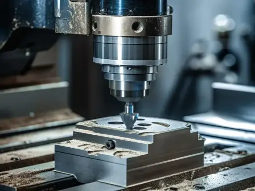 La fresa 3D lavora un pezzo metallico, creando dettagli precisi con la sua punta rotante.