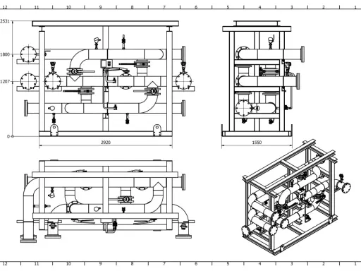 Disegni meccanici Autocad di un complesso sistema di tubazioni con valvole e flange, presentati in viste ortogonali e isometrica.