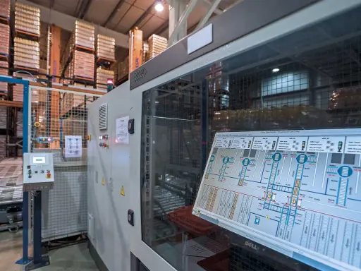 Schermata di un sistema di controllo plc in un magazzino automatizzato, con scaffali carichi di merce sullo sfondo.