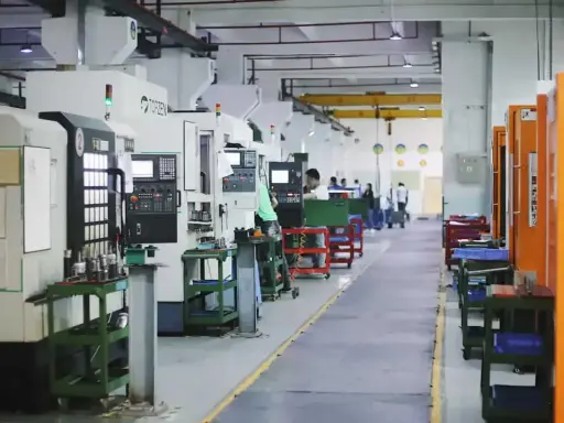 Fabbrica moderna con macchine utensili all'avanguardia, dove operai qualificati creano componenti di precisione.