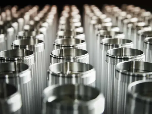Filettature precise su cilindri metallici. L'alluminio contiene nichel, creando una finitura lucida e resistente.