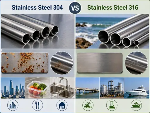 Confronto tra acciaio 304 e 316: il 304 mostra ruggine, il 316 resiste alla corrosione marina e industriale.