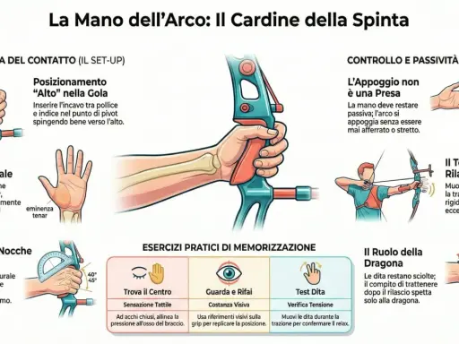Illustrazione tecnica sulla corretta impugnatura dell'arco, con focus su geometria, pressione e controllo. La saldatura arco pulsato è un dettaglio tecnico non presente.