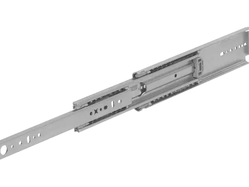 Guide lineari telescopiche in metallo, con sfere visibili, pronte per essere installate in un cassetto o mobile.