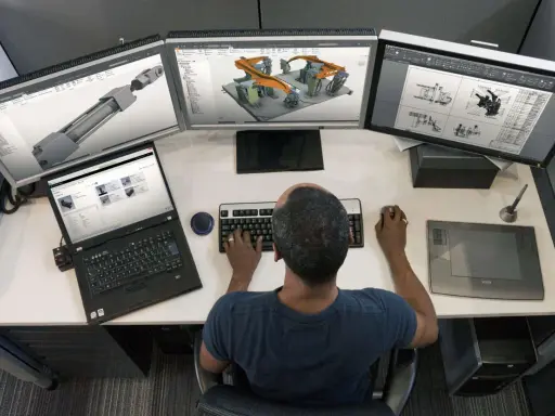 Un disegnatore CAD freelance lavora su un sistema a triplo monitor, creando modelli 3D e disegni tecnici.