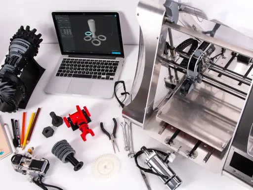 Un programmatore CNC progetta e stampa componenti complessi. Laptop con modello 3D, stampante 3D, parti meccaniche e attrezzi.