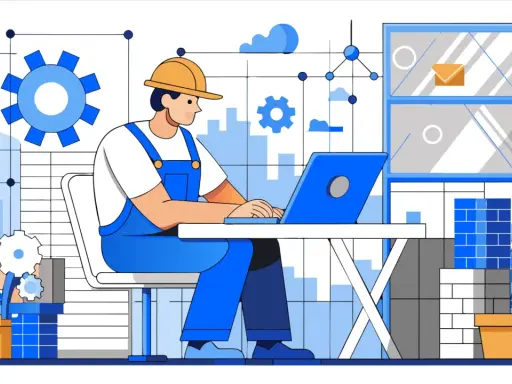 Un programmatore automazione lavora al suo laptop, circondato da ingranaggi e grafici, creando sistemi efficienti.