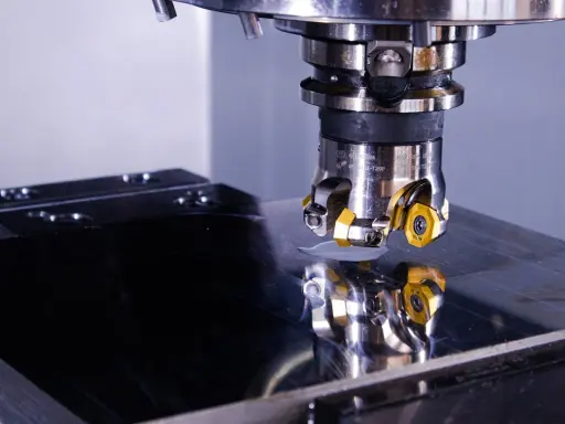 Testa di fresatura su una lastra metallica lucida, riflesso della precisione di un operatore CNC.