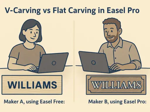 Due persone usano un computer per creare incisioni su legno con Easel Pro. Una mostra un'incisione piatta, l'altra una V-carving.