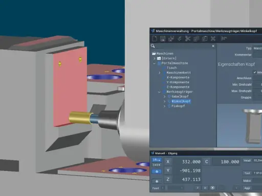 Interfaccia di un programma CNC che mostra la gestione di una portalmachine, con dettagli sul winkelkopf e coordinate di movimento.