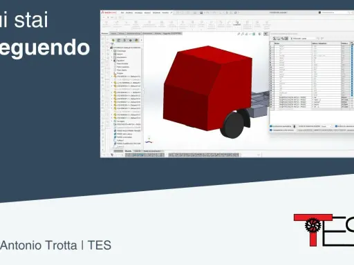 Modello 3D di un rimorchio rosso creato con software parametrico, con un elenco di componenti e quote visibili.