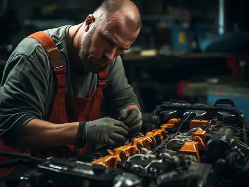 Meccanico esperto al lavoro su un motore. Scopri quanto guadagna un meccanico in proprio con dedizione e competenza.