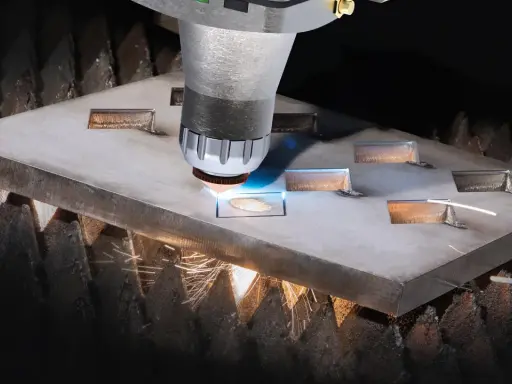 Macchina da taglio laser che crea forme precise su una lastra metallica. Il fascio luminoso e le scintille mostrano il **taglio termico**, un processo industriale avanzato.